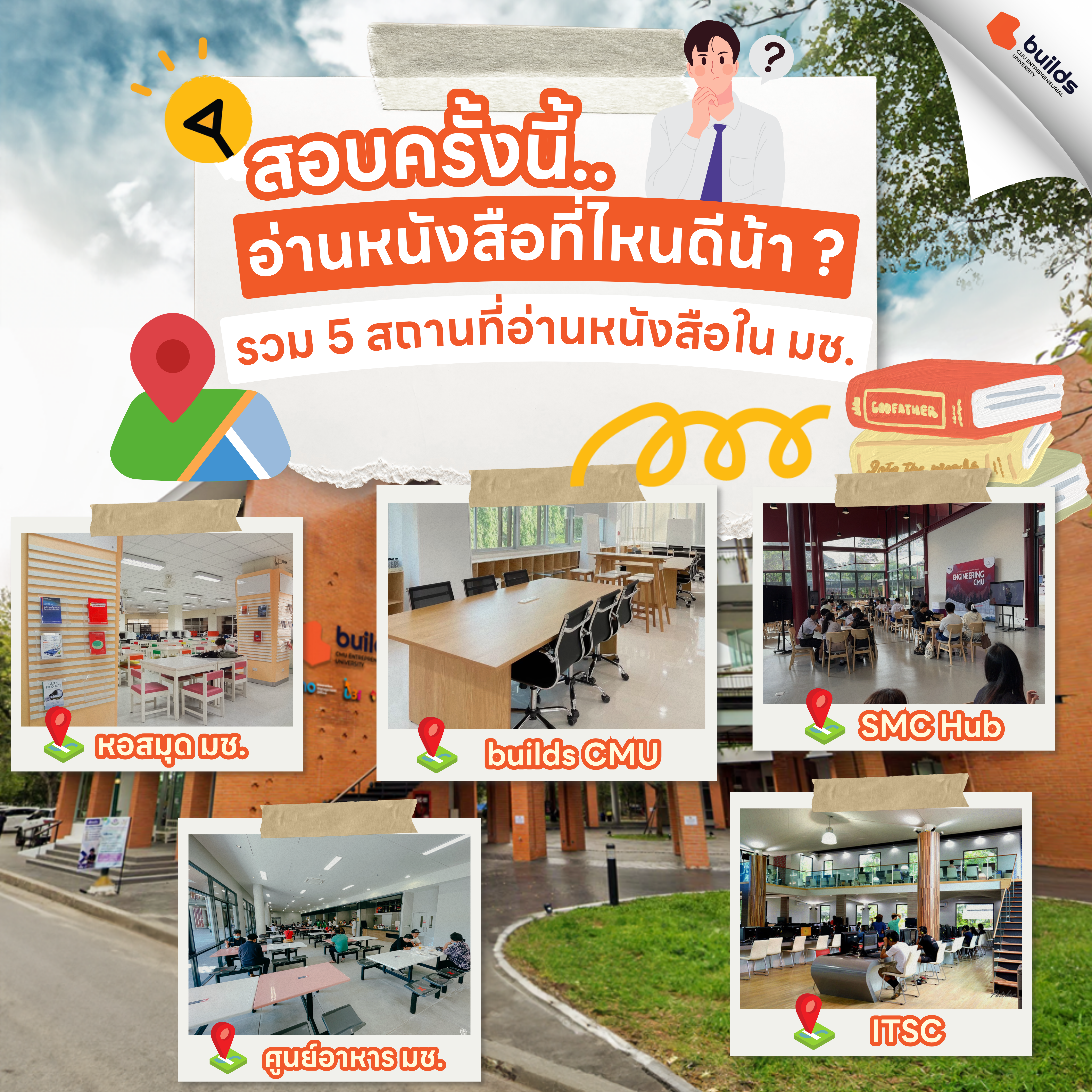 ที่อ่านหนังสือ ใกล้ฉัน ภาพปกบทความ "รวม 5 สถานที่อ่านหนังสือใน มช." แสดงรูปการ์ตูนนักศึกษาชายกำลังคิด และภาพตัวอย่าง 5 สถานที่ ได้แก่ หอสมุด มช., builds CMU, SMC Hub, ศูนย์อาหาร มช., และ ITSC