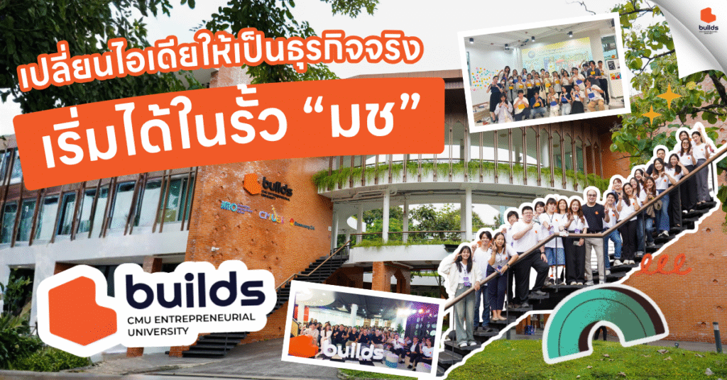 กลุ่มนักศึกษาและอาคาร builds ศูนย์บ่มเพาะธุรกิจใน มช พร้อมข้อความ เปลี่ยนไอเดียให้เป็นธุรกิจจริง เริ่มได้ในรั้ว มช